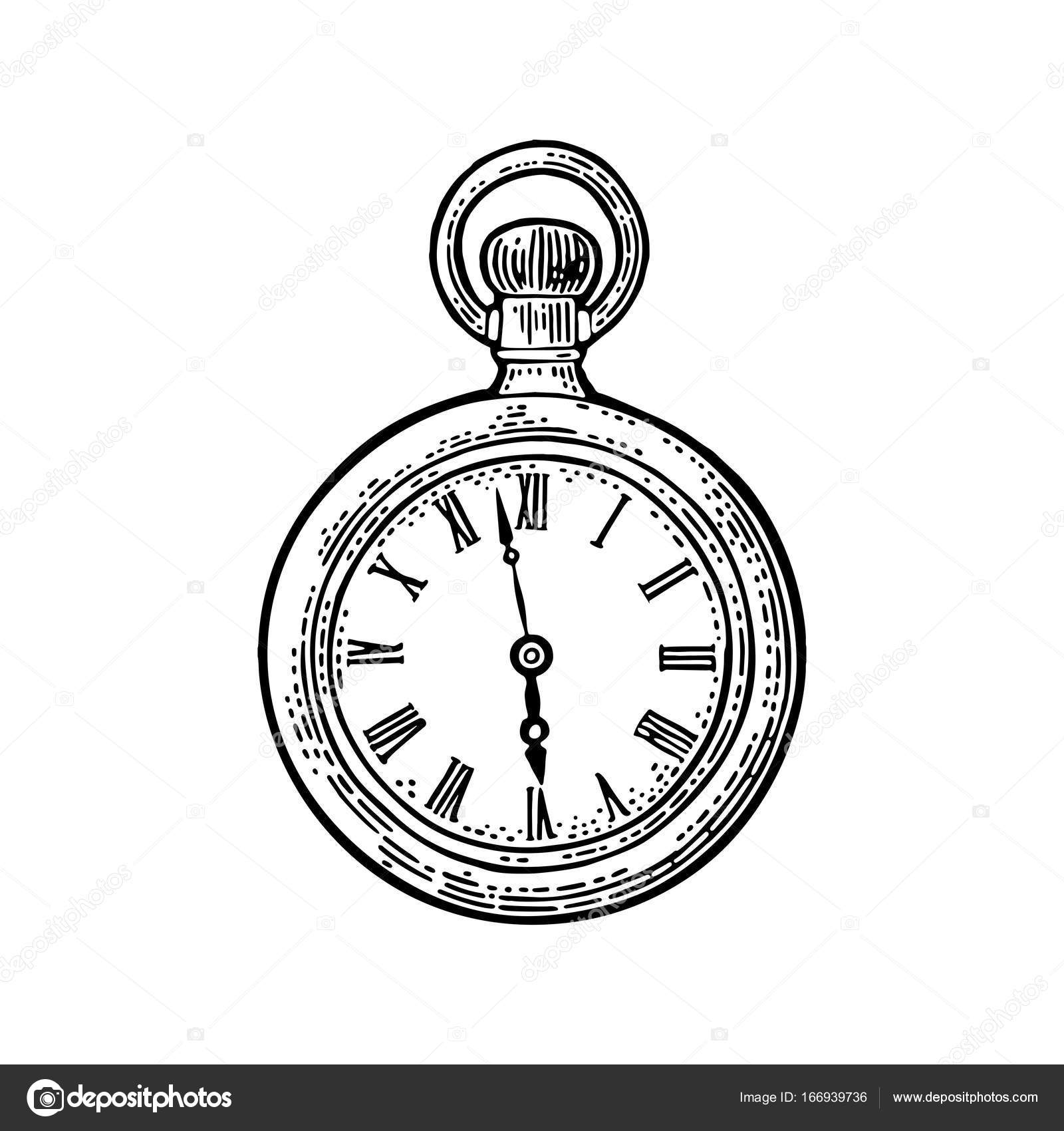 1600x1700 Antique Pocket Watch. Vector Vintage Engraved On White Background