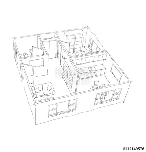 481x500 2d Interior Pen Freehand Sketch Drawing On White Background