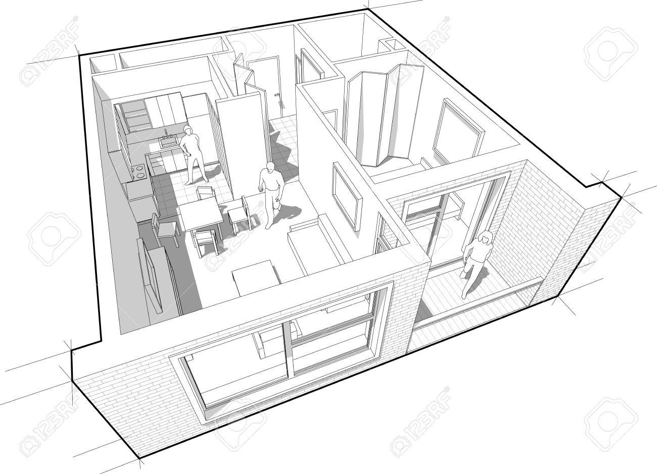 1300x939 Perspective Cutaway Diagram Of A One Bedroom Apartment Completely