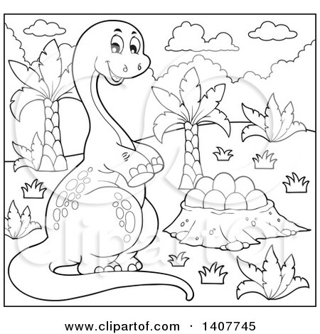 450x470 Clipart Of A Black And White Lineart Happy Apatosaurus Dinosaur By