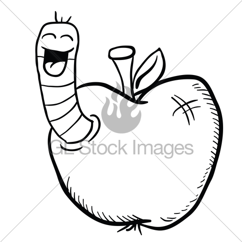 500x500 Black And White Cartoon Apple With Worm Gl Stock Images