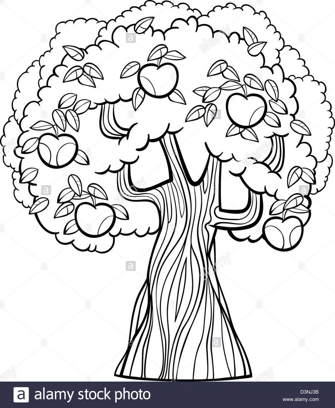 1140x1390 Black And White Cartoon Illustration Of Apple Tree With Apples