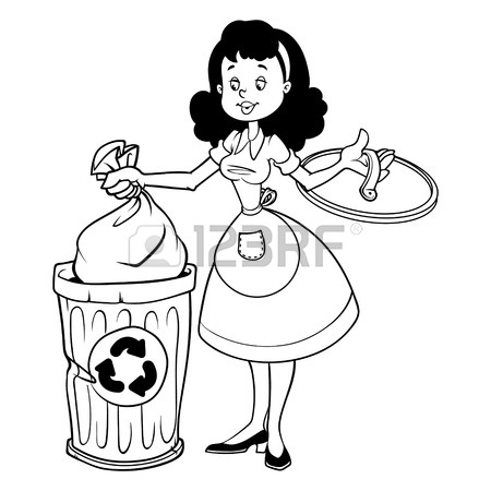 450x450 Cute Housewife In Apron Throwing Garbage. Outline On A White
