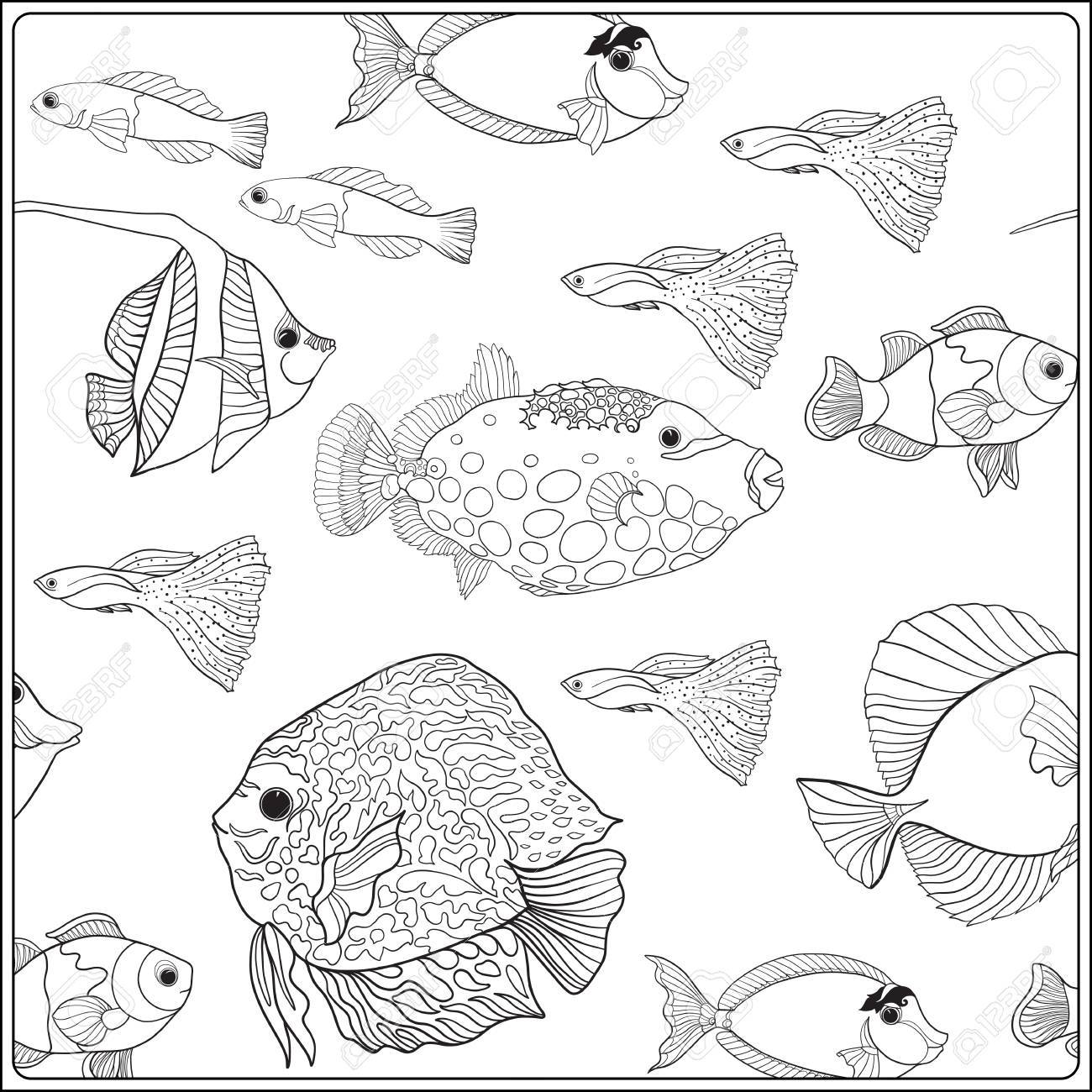 1300x1300 Pattern With Decorative Corals And Sea Or Aquarium Fish. Vector
