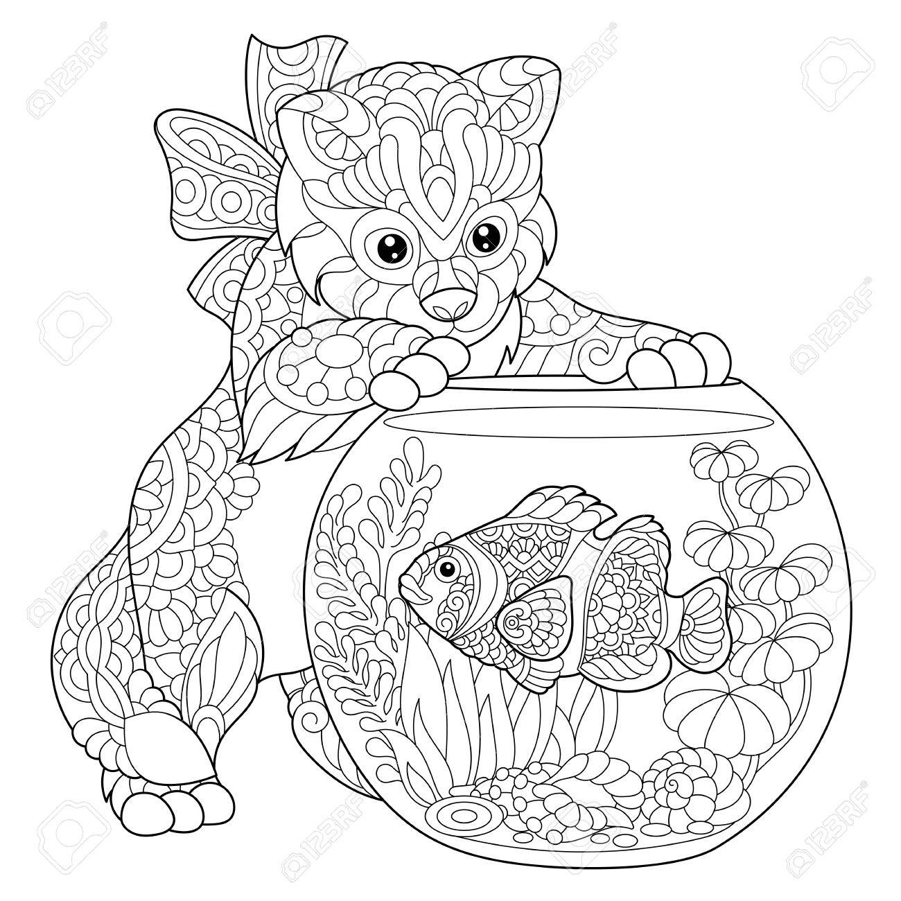 1300x1300 Coloring Page Of Kitten Playing With Clown Fish In Aquarium