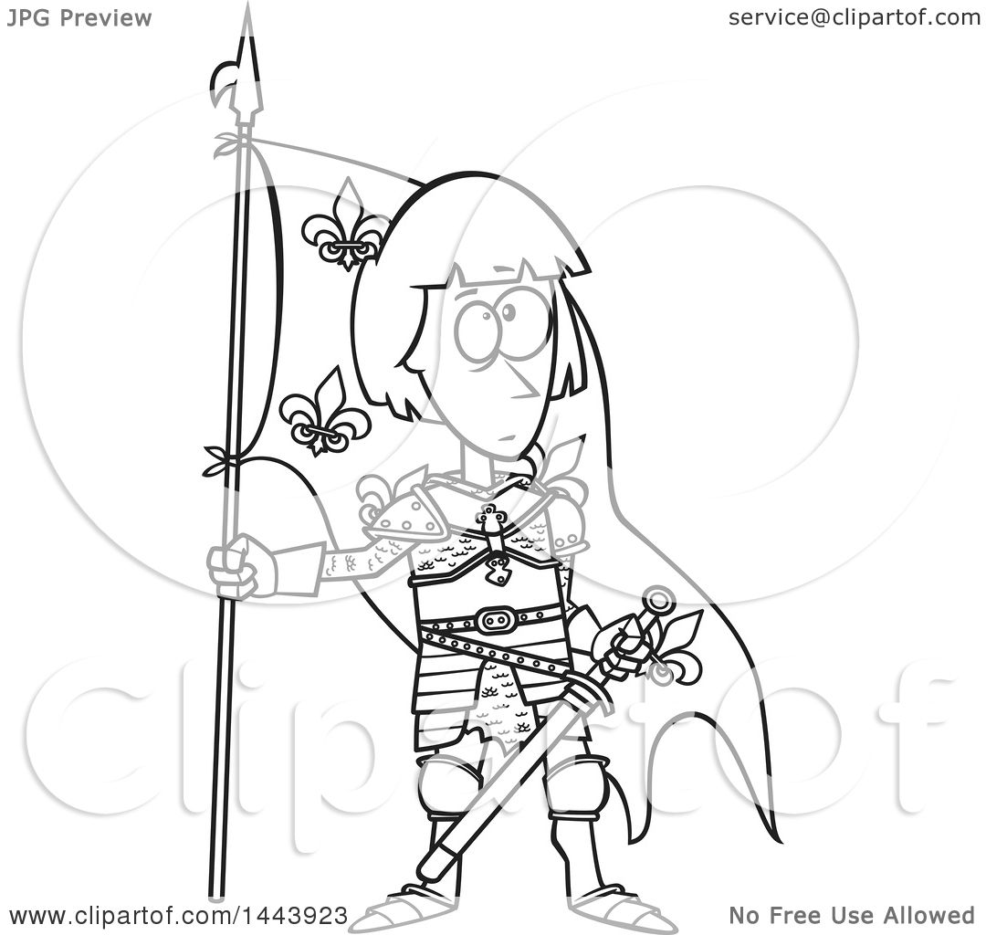 1080x1024 Clipart Of A Cartoon Black And White Lineart Joan Of Arc Standing