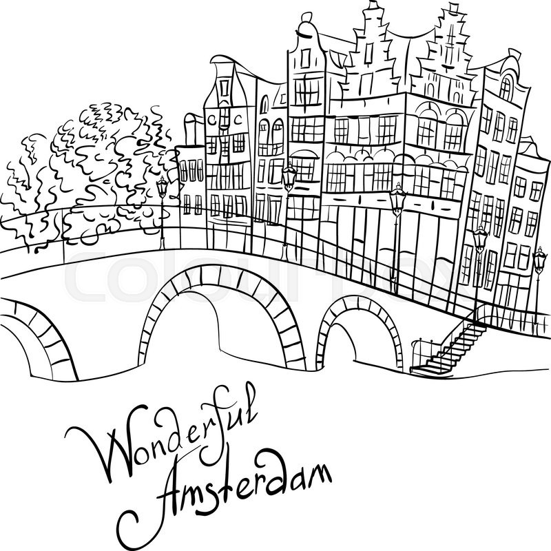 800x800 Black And White Hand Drawing, City View Of Amsterdam Canal, Bridge