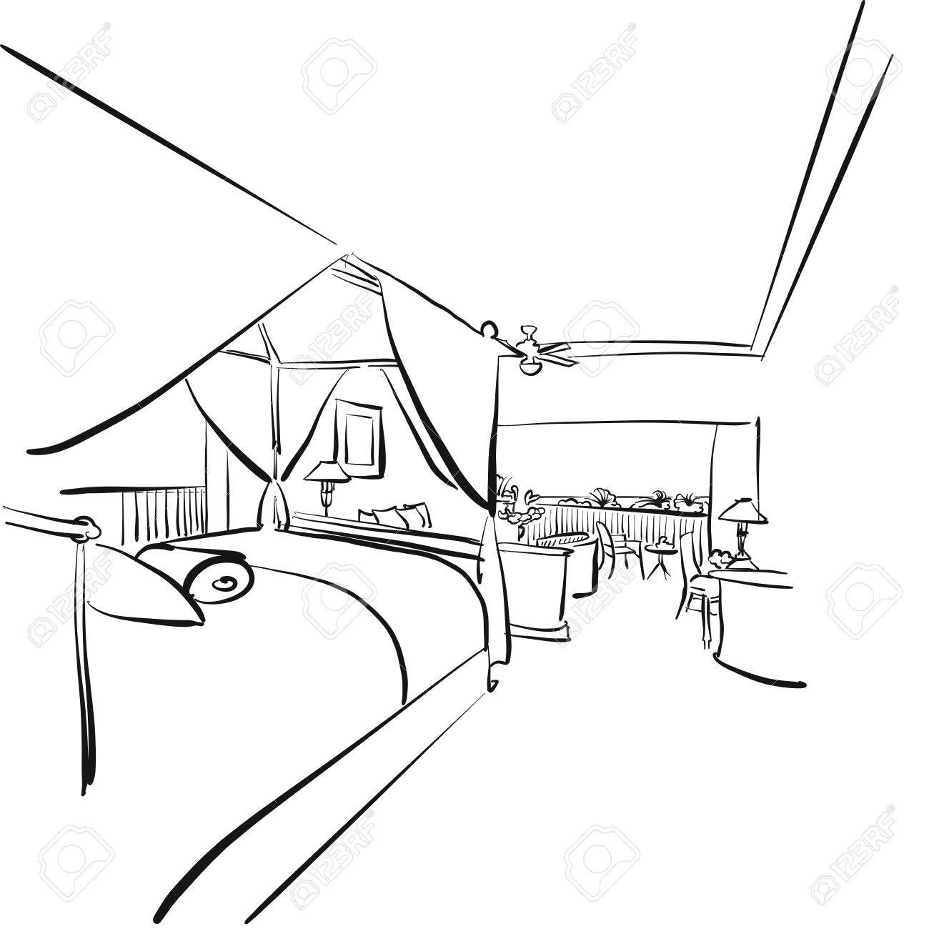 1300x1300 Sketched Hotel Room Interieur With Balcony, Hand Drawn Artwork