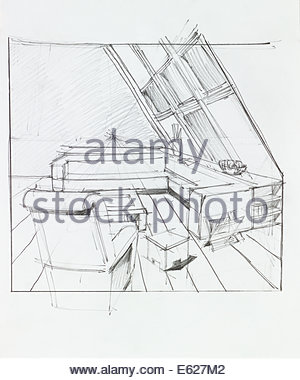 300x380 Architectural Blueprint Of House With Attic, Drawn By Hand Stock