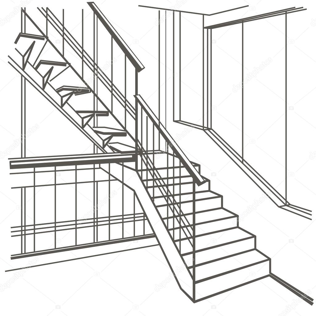 1024x1024 Linear Architectural Sketch Interior Stairs On White Background