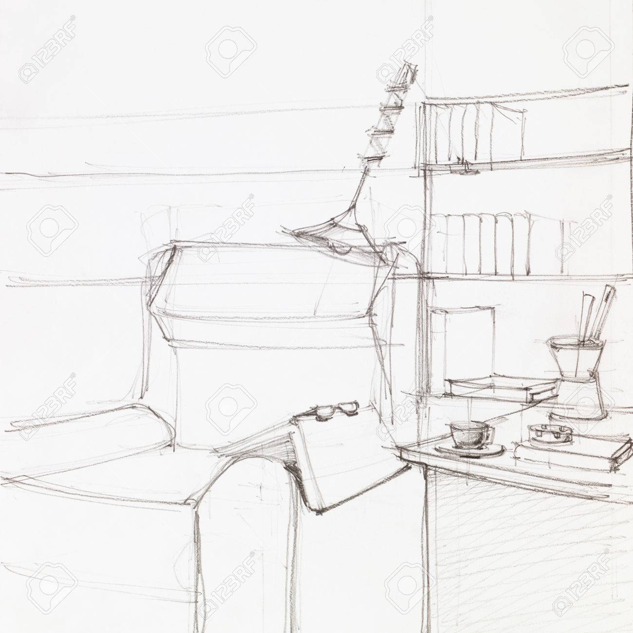 1300x1300 Simple Graphic Sketch Of Armchair And Book Shelves, Drawn By