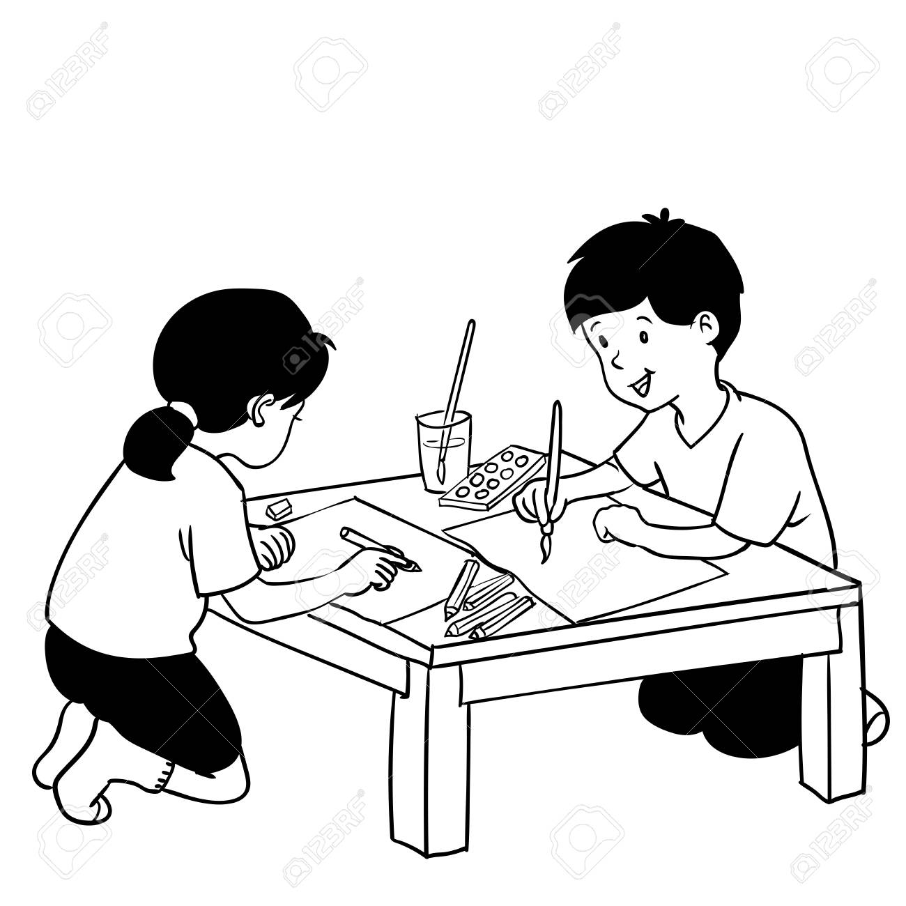 1300x1300 Illustration Of Kids Painting On Art Class, Hand Drawn Vector