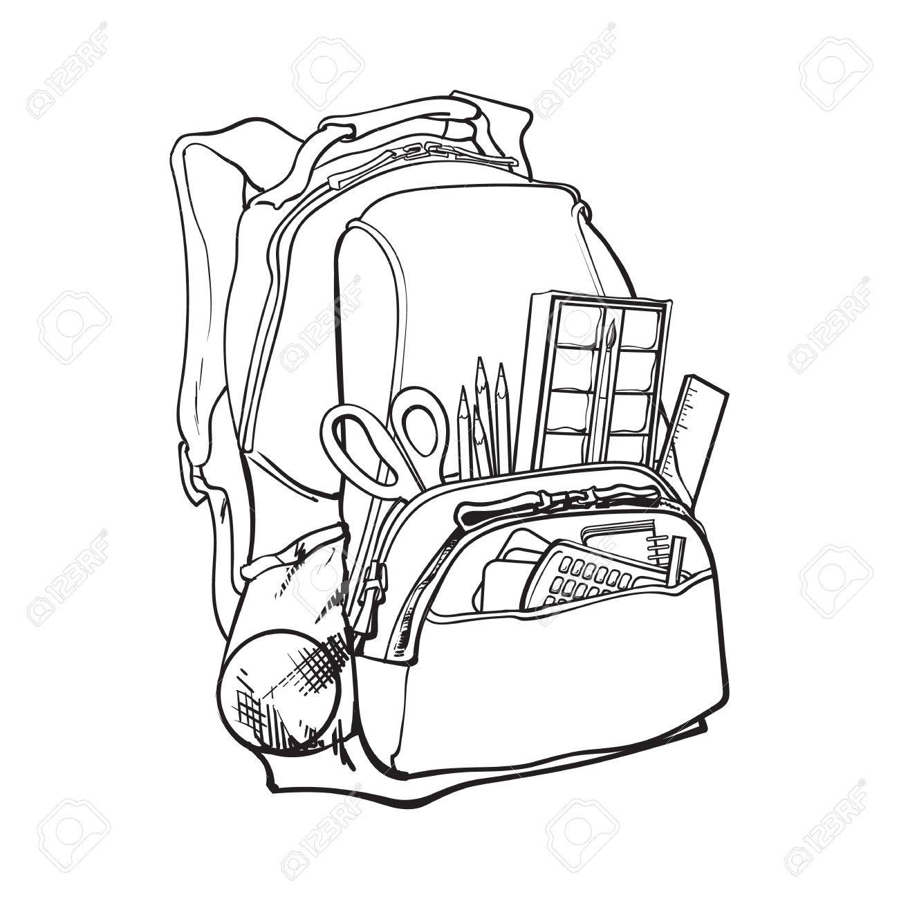 1300x1300 Backpack Packed With School Items, Supplies, Black And White