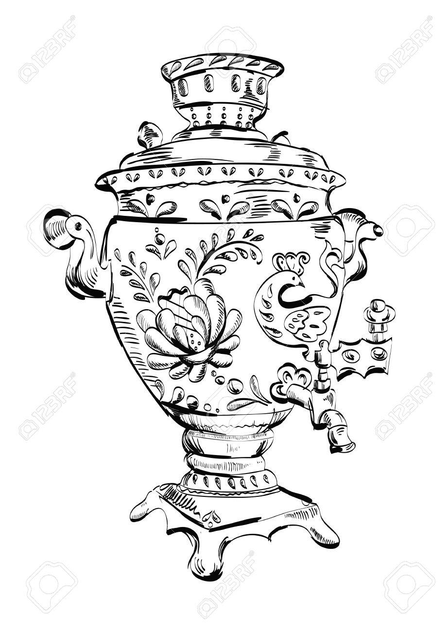 920x1300 Russian Samovar, Sketch, Tea, Illustration Stock Photo, Picture