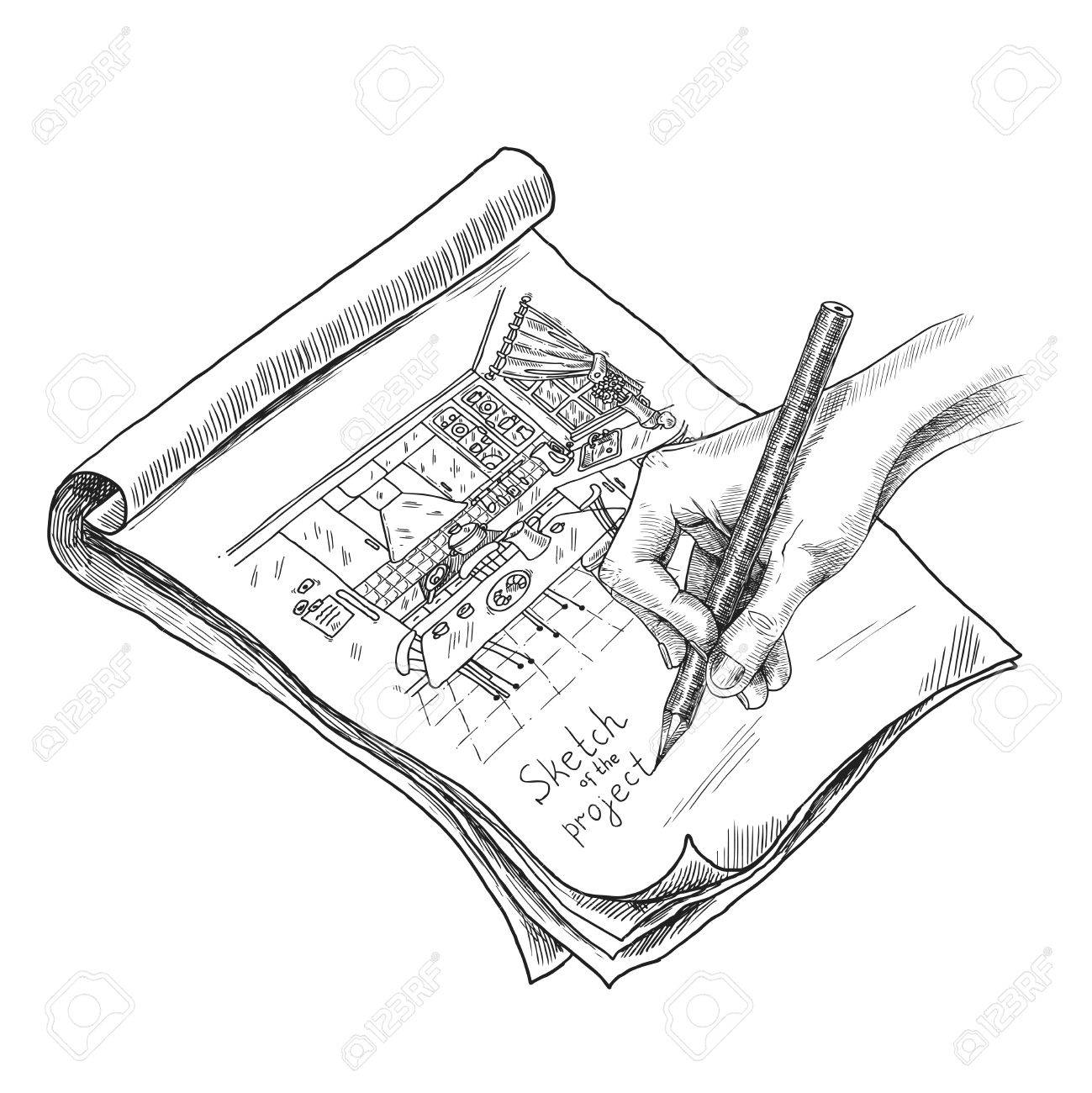 1299x1300 Hand Drawing Kitchen Interior Sketch In Notebook With Pencil