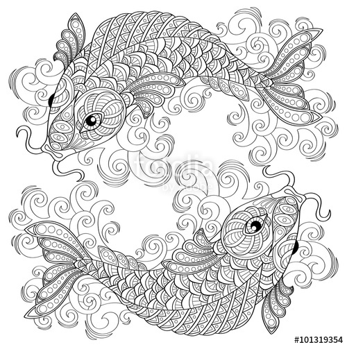 500x500 Koi Fish. Chinese Carps. Adult Antistress Coloring Page. Black