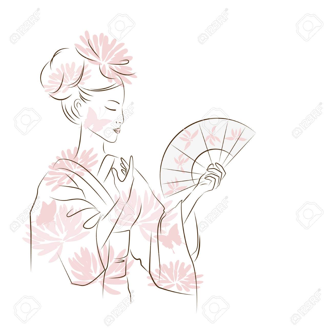 1300x1300 Beautiful Geisha Girl. Asian Woman Dancing With Fan. Oriental