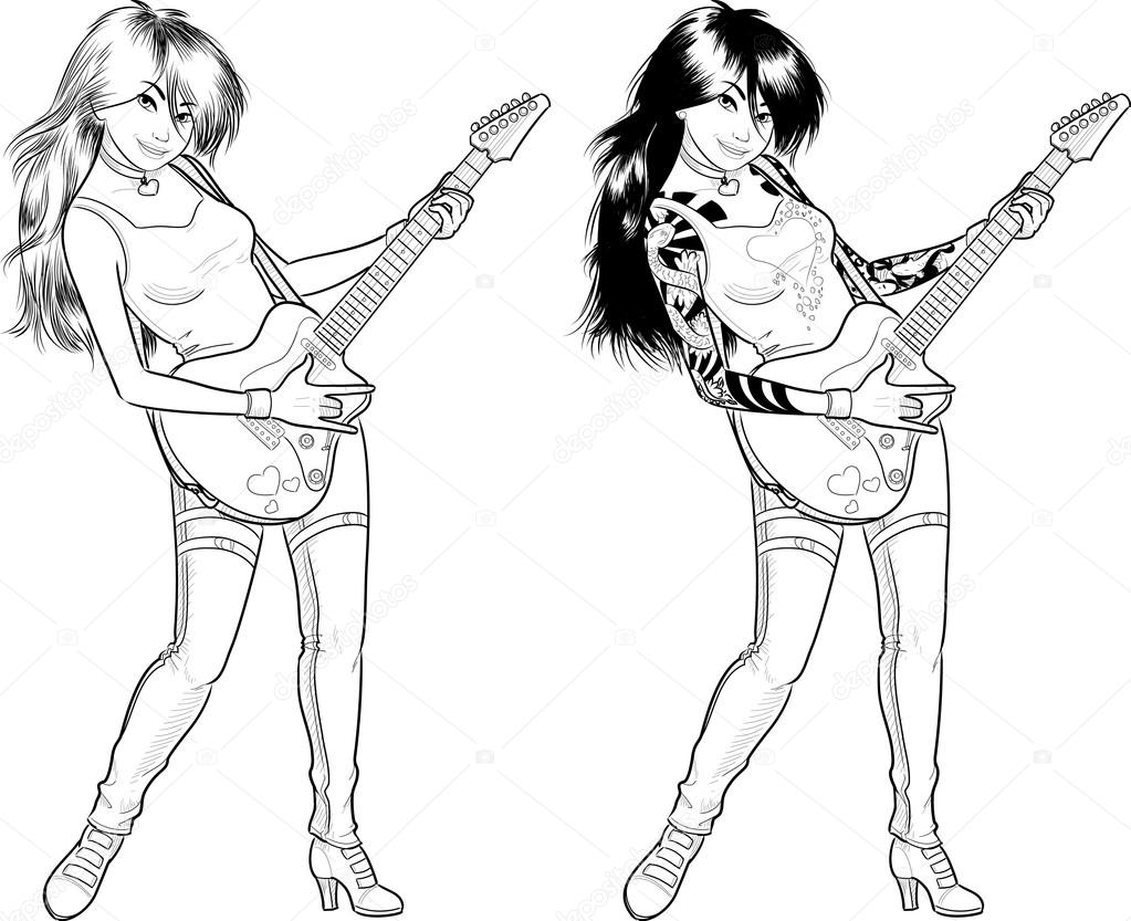1023x833 Rock Star Guitarist Asian Girl Lineart Stock Vector Zhaconda