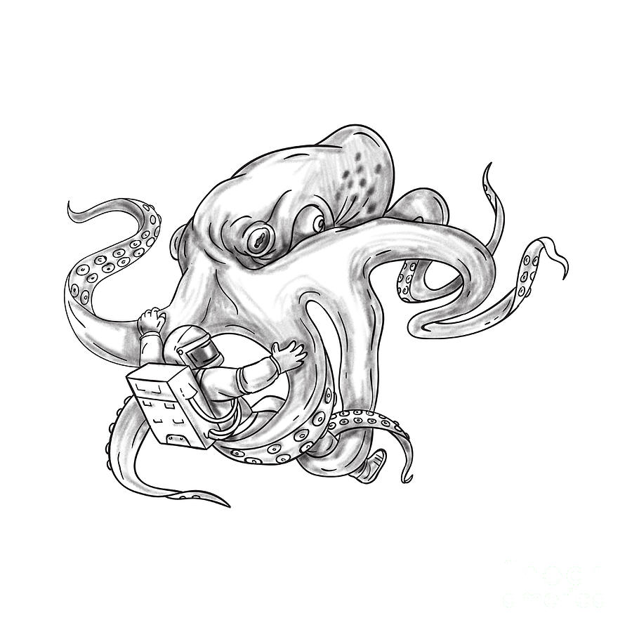 900x900 Giant Octopus Fighting Astronaut Tattoo Digital Art By Aloysius