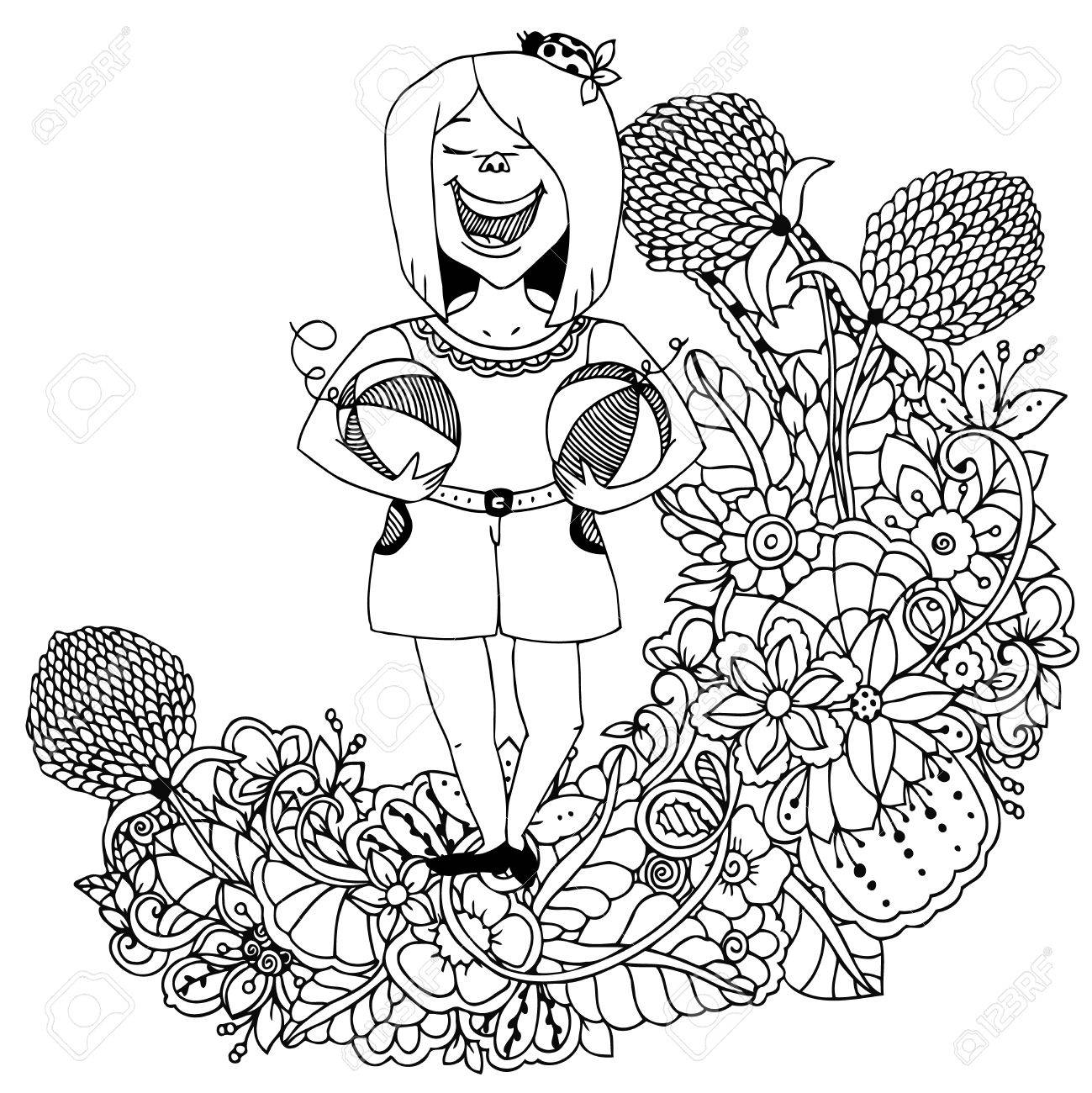 1299x1300 Vector Illustration Zentangl, Woman Athlete Holds Watermelon