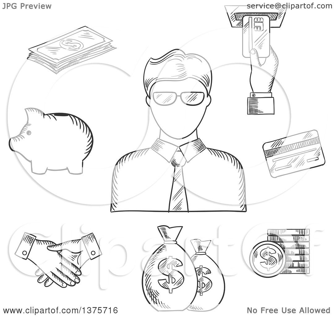 1080x1024 Clipart Of A Black White Sketched Clerk In Glasses