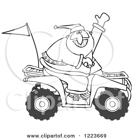 450x470 Clipart Of An Outlined Santa Waving And Driving An Atv Mud Bug