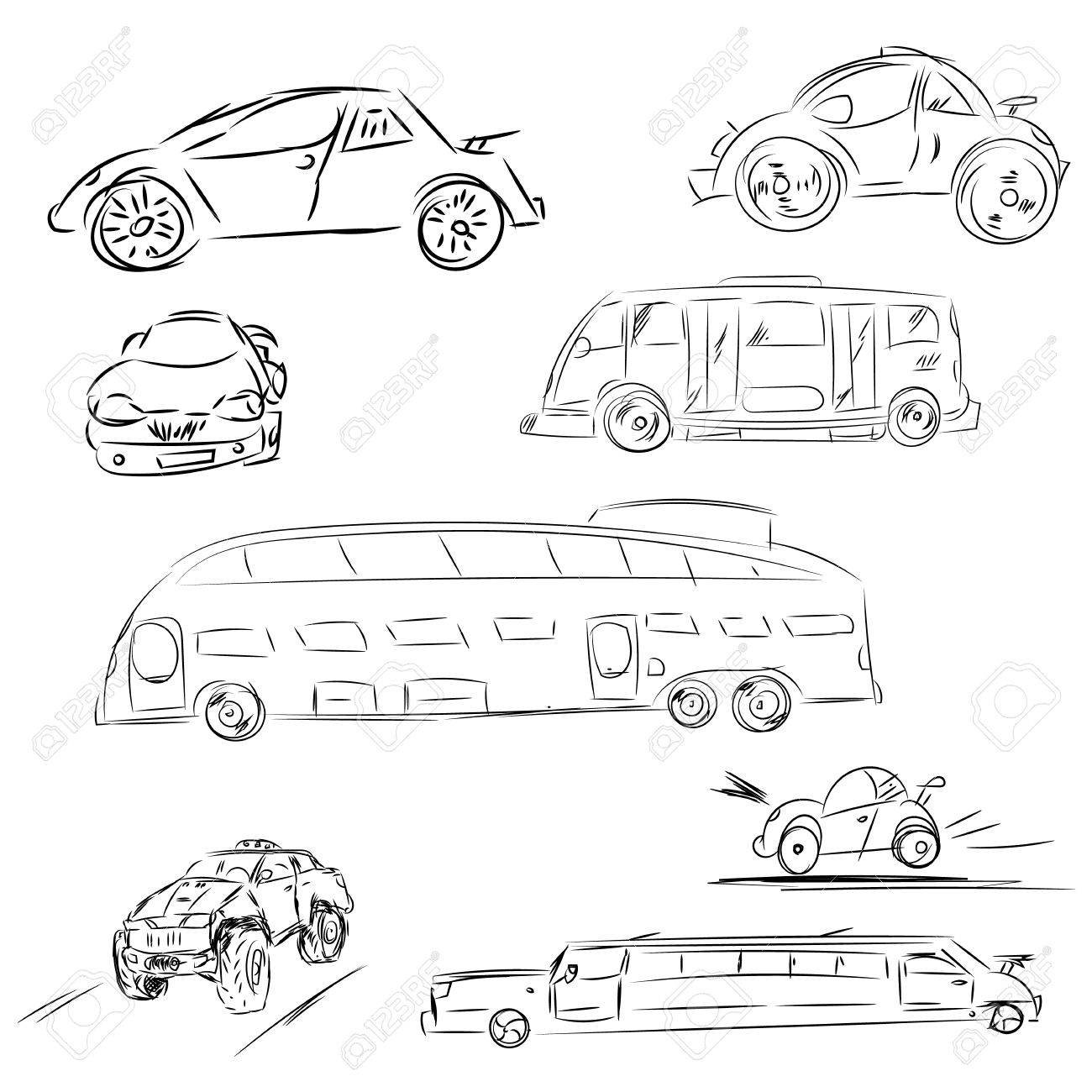 1300x1300 Sketch Cars And Bus In Set. Automobile Doodle Illustration. Raster