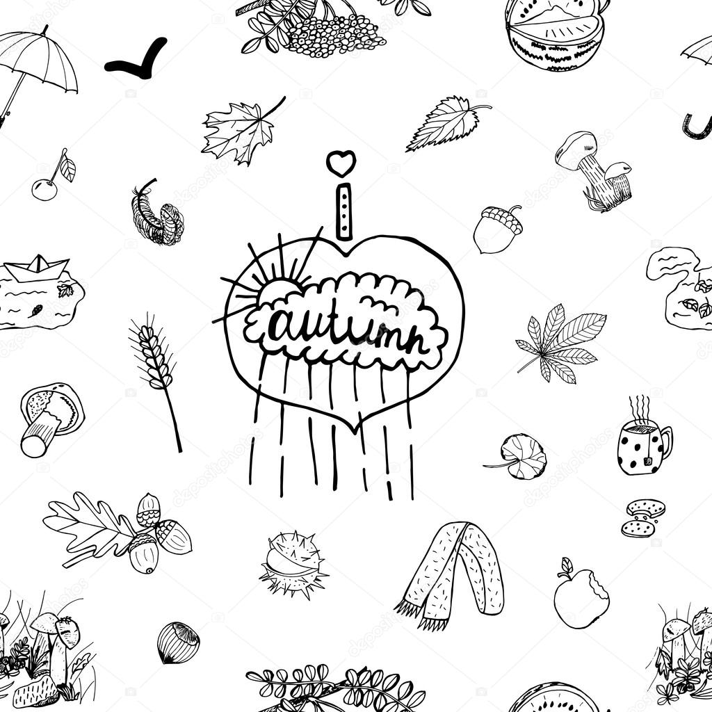 1024x1024 Autumn Hand Drawn Vector Set. Itemized Drawing Sketch Elements