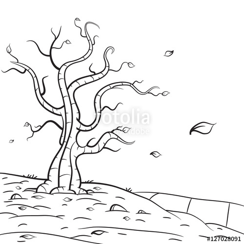 500x500 Hand Drawn Autumn Scene, Naked Tree With Leaves Falling On