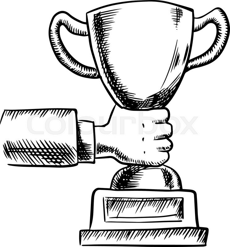 744x800 Sketch Of Businessman Hand Holding Trophy Cup Or Award,
