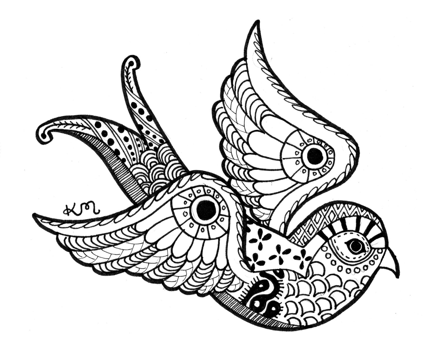 1500x1200 Swallow Ink Drawing Print Abstract Tribal Aztec