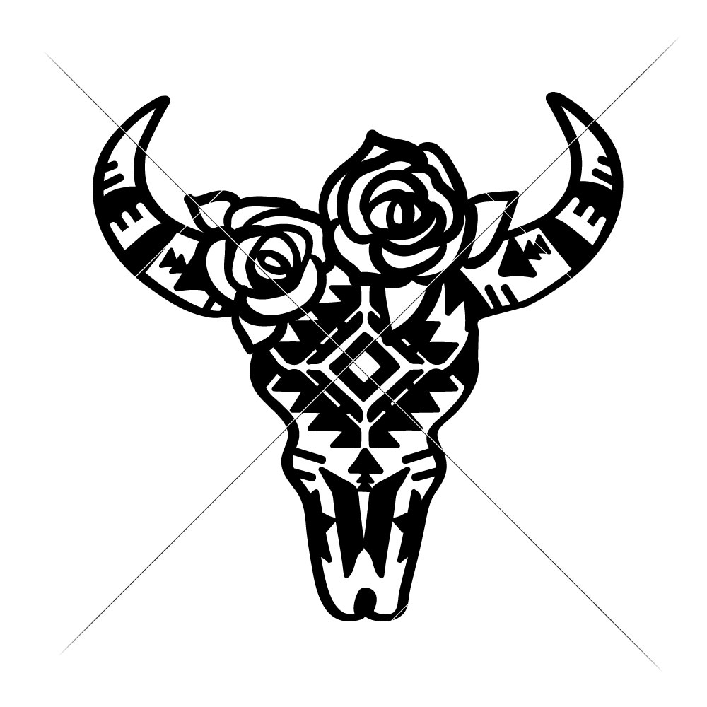 1000x1000 Cow Skull With Aztec Pattern And Roses