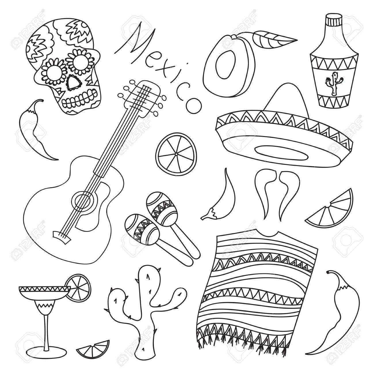 1300x1300 Doodle Vektor Mexico With Hand Drawn Mexican Elements. Guitar