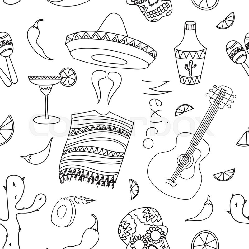 800x800 Doodle Pattern Mexico With Hand Drawn Mexican Elements. Guitar