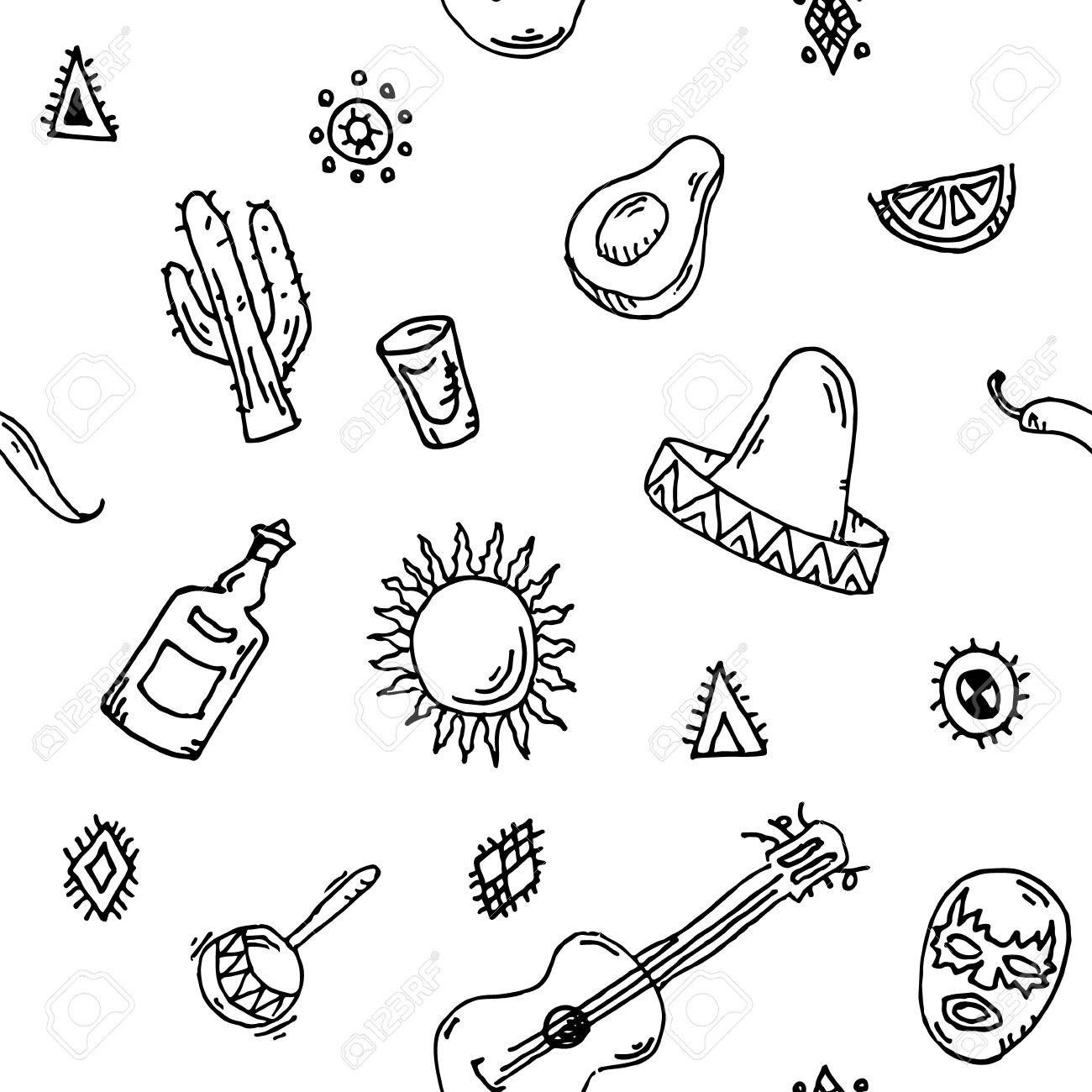 1300x1300 Hand Drawn Seamless Pattern Vector Set Of Mexican Symbols Guitar