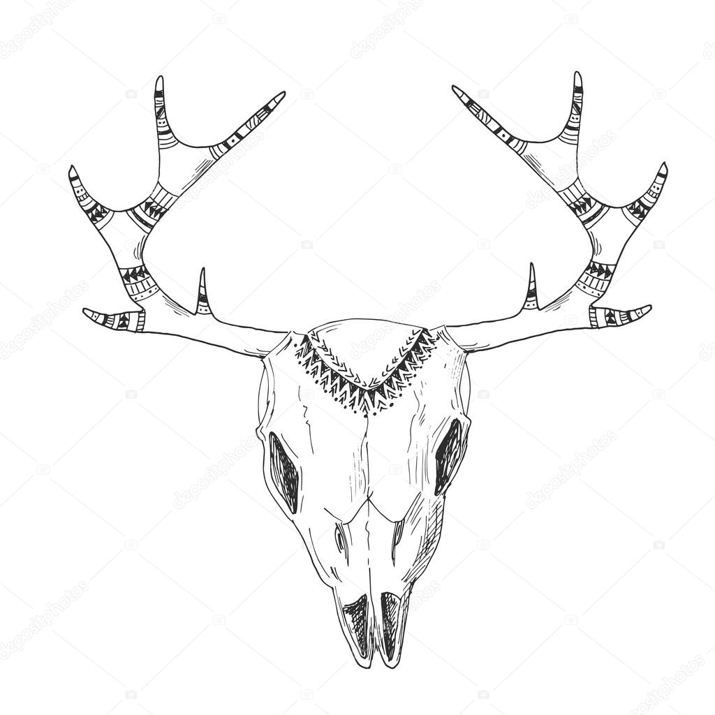 1024x1024 Hand Drawn Deer Skull With Native Ornament Stock Vector