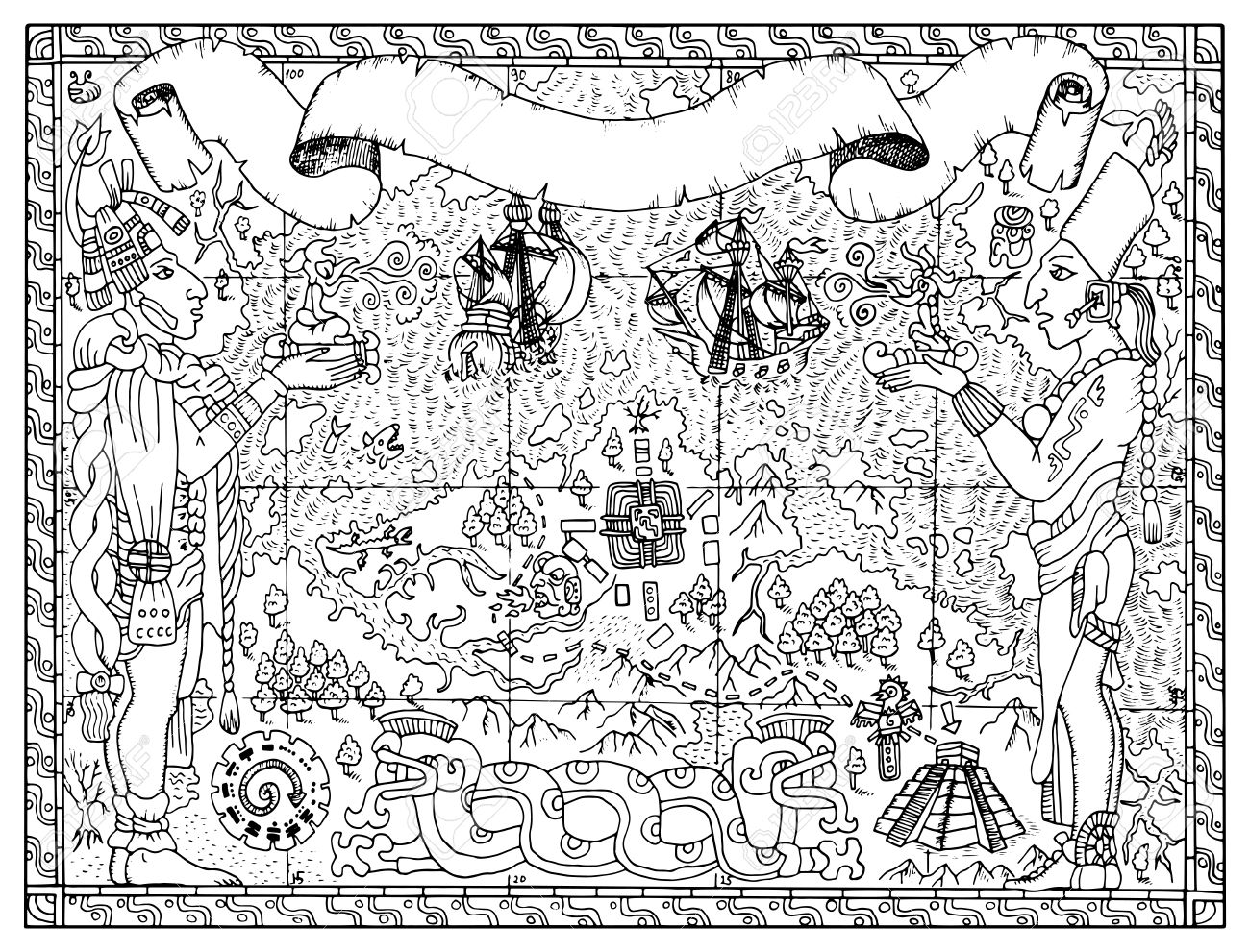 1300x991 Mayan, Aztec Or Pirate Map With Two Gods, Ships And Fantasy Land