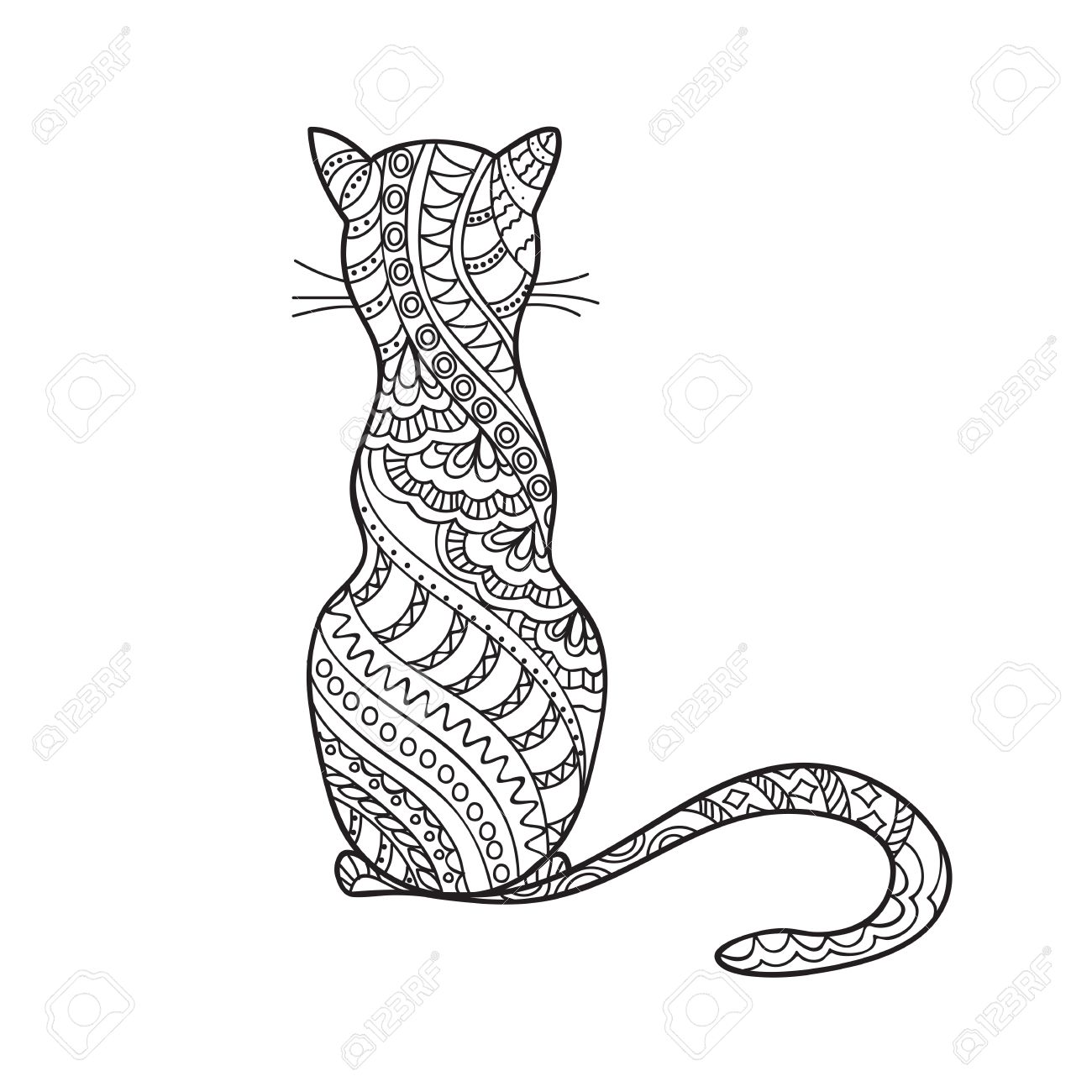 1300x1300 Hand Drawn Decorated Cartoon Cat In Boho Style. Pencil Drawing