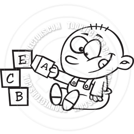 460x460 Cartoon Baby Playing With Alphabet Blocks (Black And White Line