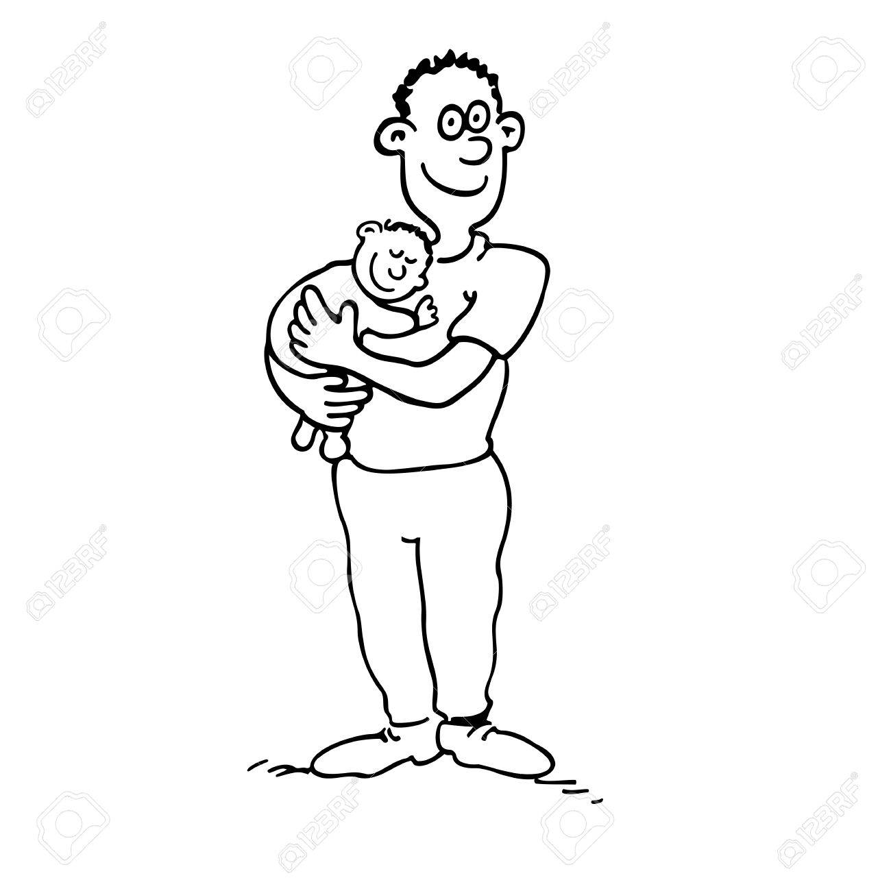 1300x1300 Happy Dad Is Holding Her Babyboy. Outlined Cartoon Drawing Sketch