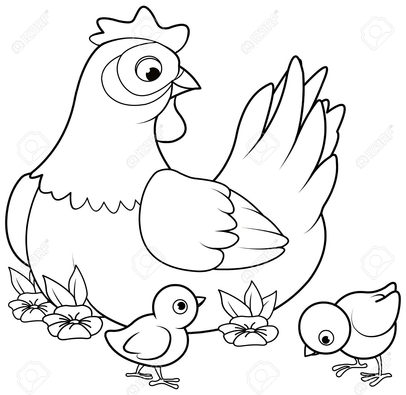 1300x1264 Coloring Page Of Mother Hen With Its Baby Chicks Royalty Free