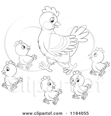 450x470 Cartoon Of An Outlined Mother Hen And Baby Chicks