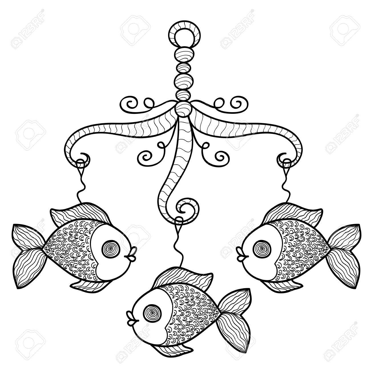 1300x1300 Hand Drawn Baby Crib Hanging Mobile Toy With Fishes. Vector Sketch