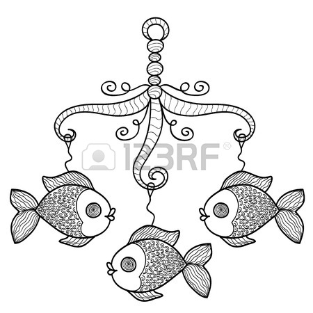 450x450 Hand Drawn Baby Crib Hanging Mobile Toy With Fishes. Vector Sketch
