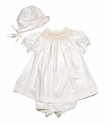 338x400 Amp Me Baby Girls Ivory Smocked Bishop Dress With Bloomers Amp Bonnet