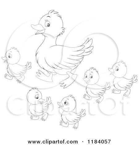 450x470 Cartoon Of An Outlined Mother Duck And Baby Ducklings