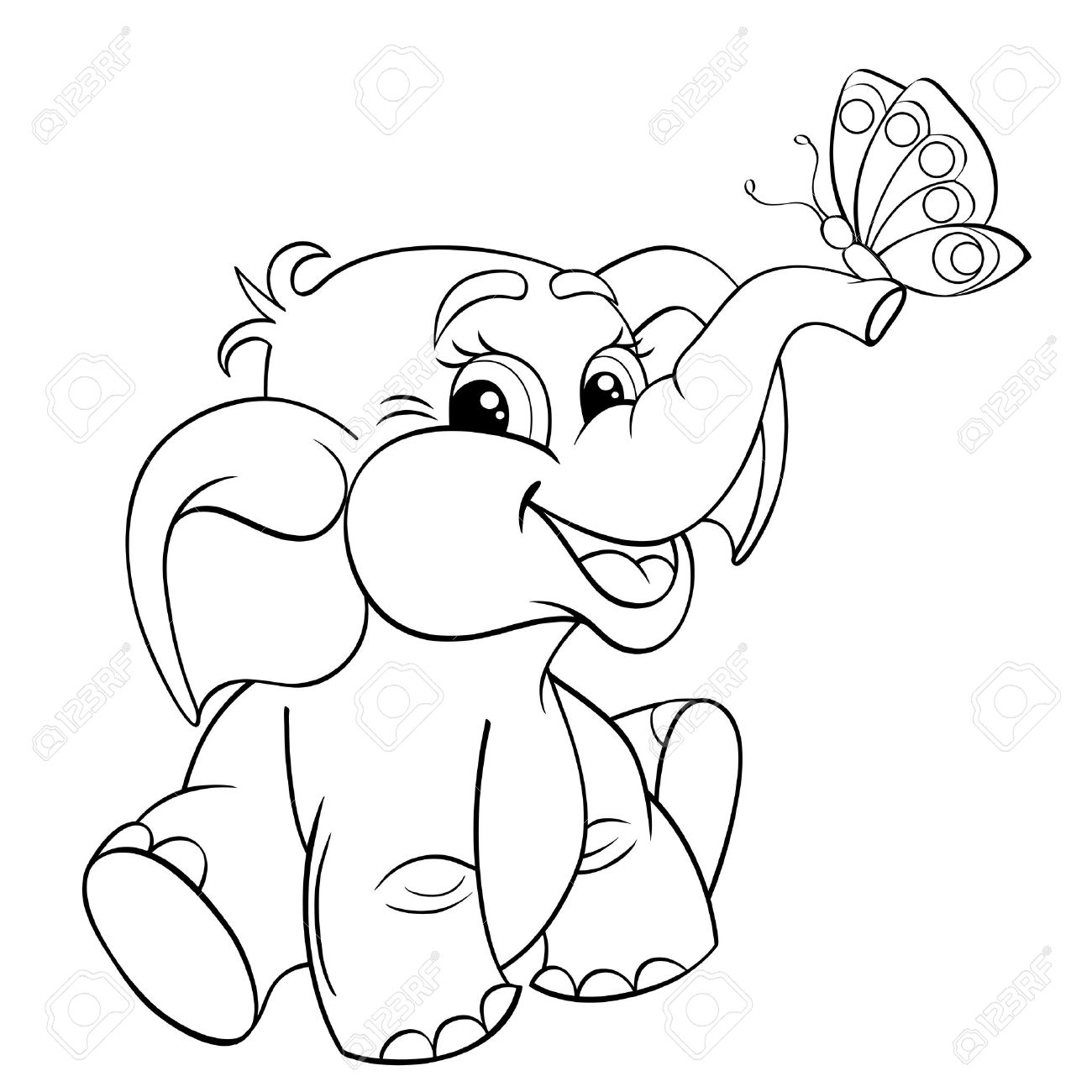 1300x1300 Funny Cartoon Baby Elephant With Butterfly. Black And White Vector
