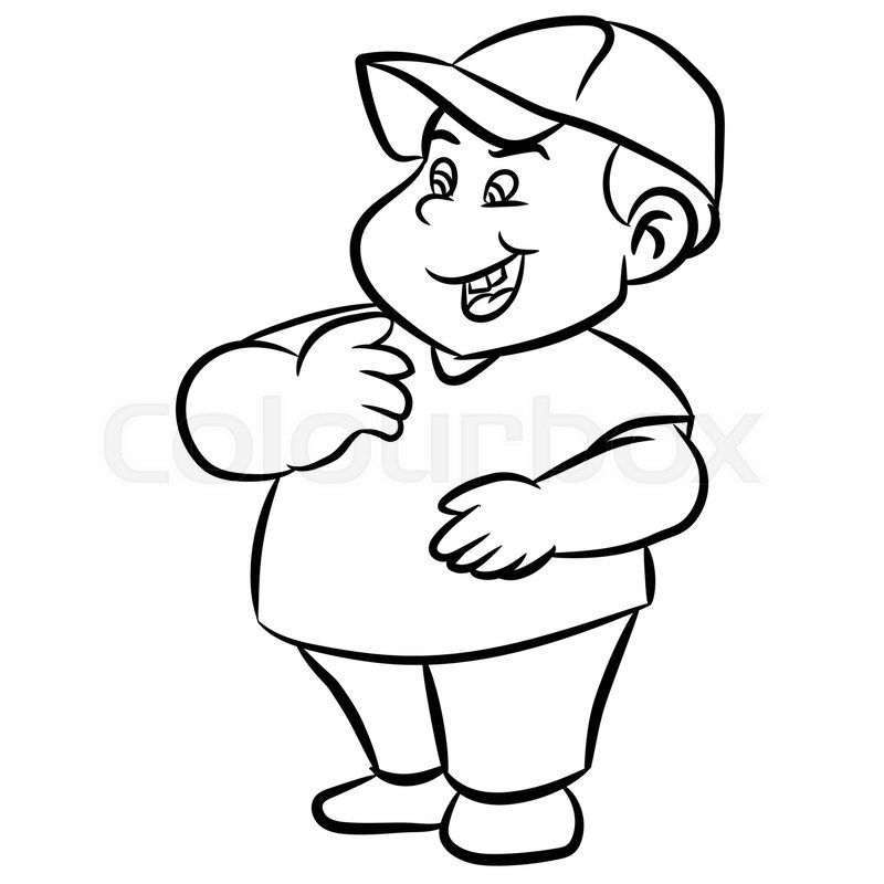 800x800 Line Drawing Cartoon Fat Boy And Smiling In Black And White Color