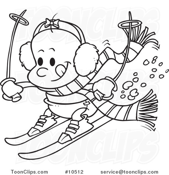 581x600 Cartoon Black And White Line Drawing Of A Baby Girl Skiing