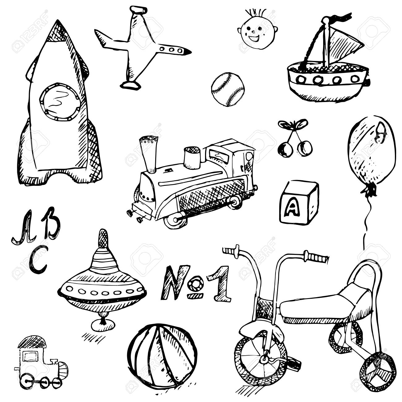 1300x1300 Baby, Child Toys Set Hand Drawn Sketch, Isolated On White